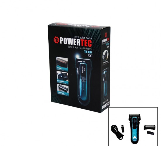 POWERTEC TR-150 ŞARJLI ÇİFT BIÇAK ( GÜNLÜK SIFIR SAKAL ) TRAŞ MAKİNESİ ( BIYIK DÜZELTME & YEDEK BAŞLIK )*20
