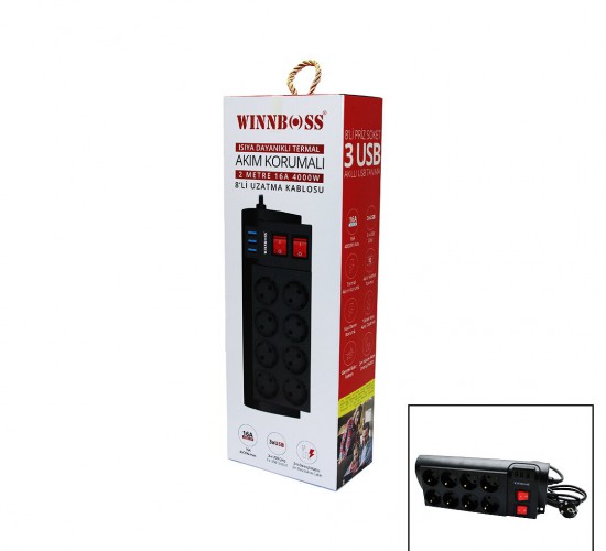 WINNBOSS-3411 TERMAL AKIM KORUMALI ( 8Lİ PRİZ ) ( 3X USB ) ( 2MT ) ( ANAHTARLI ) UZATMA KABLO SİYAH ( 16A )*30