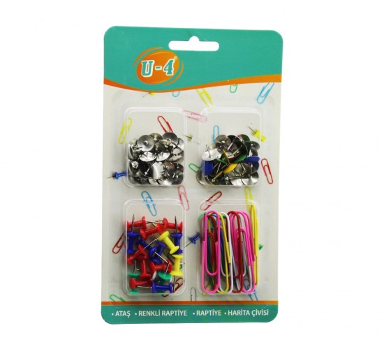 U-4  U4-1013 ( 4LÜ ) OFİS OKUL SETİ ( ATAŞ & RAPTİYE & PANO İĞNESİ=HARİTA ÇİVİSİ ) KIRTASİYE SETİ*12X24