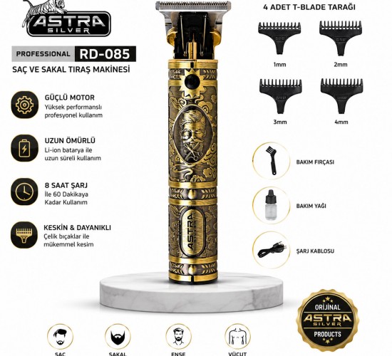 ASTRA SILVER RD-085 ( KOMPLE METAL ) SAÇ SAKAL TRAŞ MAKİNESİ ( USB ŞARJLI & T BIÇAK )*40