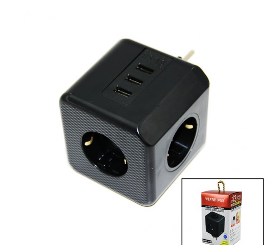 WINBOSS-3440 TERMAL AKIM KORUMALI  ( 3X PRİZ ) ( 3X USB ) DUVAR TİPİ PRİZ SİYAH ( 10A & 2500W )*60