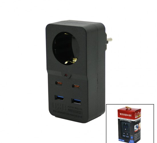 WINNBOSS-3438 TERMAL AKIM KORUMALI  ( 1XPRİZ ) ( 2X USB ) ( 2X TYPE-C ) DUVAR TİPİ PRİZ SİYAH ( 10A & 2500W )*103