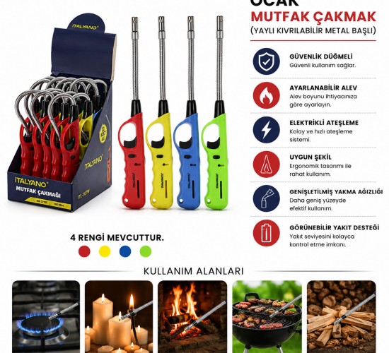 İTALYANO ITL-107W ( YAYLI KIVRILABİLİR METAL BAŞLI ) OCAK MUTFAK ÇAKMAK ( RENKLİ PLASTİK SAP )*20X16