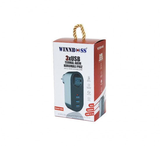 WINNBOSS MODEL-3400 ( TERMAL AKIM KORUMALI ) ( 1XPRİZ ) ( 3XUSB ) DUVAR TİPİ PRİZ ( 10A & 2500W & USB 2.1A ) ( 2500W )*96