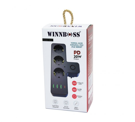 WINNBOSS-3397 SİYAH TERMAL AKIM KORUMALI  ( 3XPRİZ ) ( 3XUSB ) (1XTYPE-C) DUVAR TİPİ PRİZ*36
