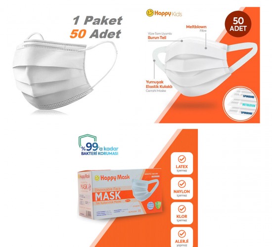 HAPPY MASK  SAYMASK ( BEYAZ ) ( 50PCS ) MEDİKAL CERRAHİ YÜZ MASKESİ ( 3 KATLI ) ( TEK KULLANIMLIK )*1X48