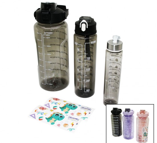 BAYSA-1315 (3PCS & ŞEFFAF RENKLİ=500-900-2000ML) PİPETLİ MOTİVASYON SULUK MATARA (TELEFONLUKLU)*48