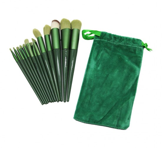 MUJGAN MJGN-61C ( 13PCS ) MAKYAJ FIRÇA SETİ ( YEŞİL KADİFE TORBALI ) ( PLASTİK SAPLI )*10X60