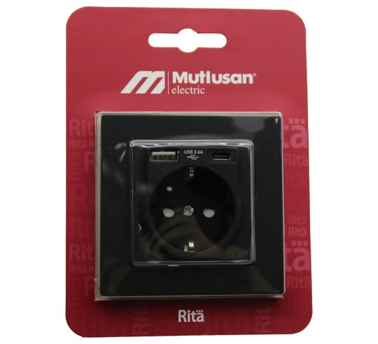 MUTLUSAN RİTA-2220 629 0284 ( BLİSTERLİ & KARTLI ) ( SİYAH & USB + TYPE-C ' Lİ TOPRAKLI PRİZ ) ÇERÇEVELİ*8X1