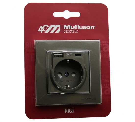 MUTLUSAN RİTA-2220 629 0286 ( BLİSTERLİ & KARTLI ) ( ANTRASİT & USB + TYPE-C ' Lİ TOPRAKLI PRİZ ) ÇERÇEVELİ*8X1
