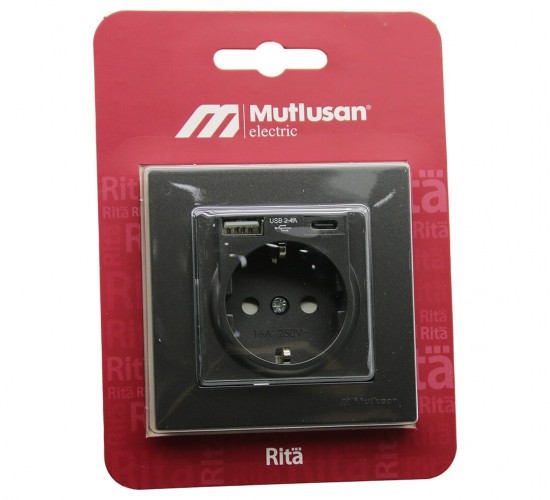 MUTLUSAN RİTA-2220 629 0295 ( BLİSTERLİ & KARTLI ) ( FÜME & USB + TYPE-C ' Lİ TOPRAKLI PRİZ ) ÇERÇEVELİ*8X1