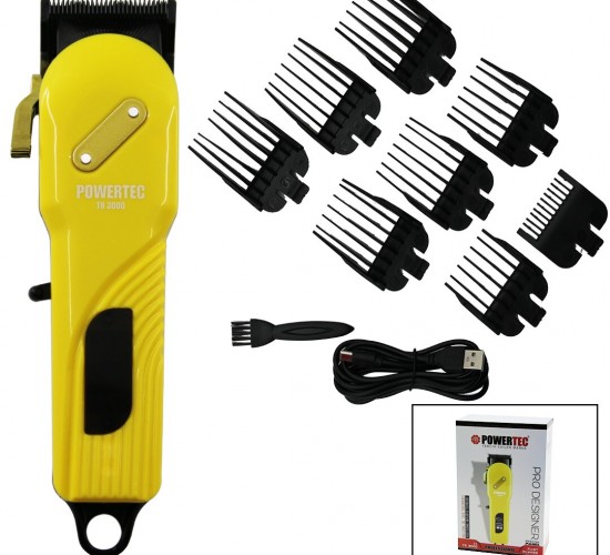 POWERTEC PRO-TR-3000 SAÇ & SAKAL KESME TRAŞ MAKİNESİ ( SARI & SİYAH GÖVDE & USB ŞARJLI GÖSTERGELİ & TARAK AYAR MANDALLI )*20