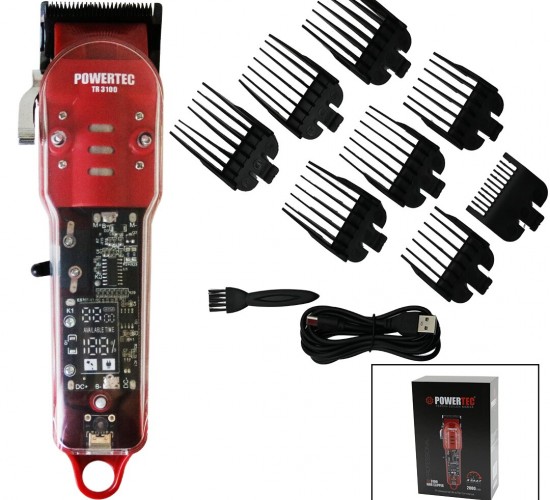 POWERTEC TR-3100 SAÇ & SAKAL KESME TRAŞ MAKİNESİ ( ŞEFFAF ANA KARTLI GÖVDE & USB ŞARJLI GÖSTERGELİ & TARAK AYAR MANDALLI )*20