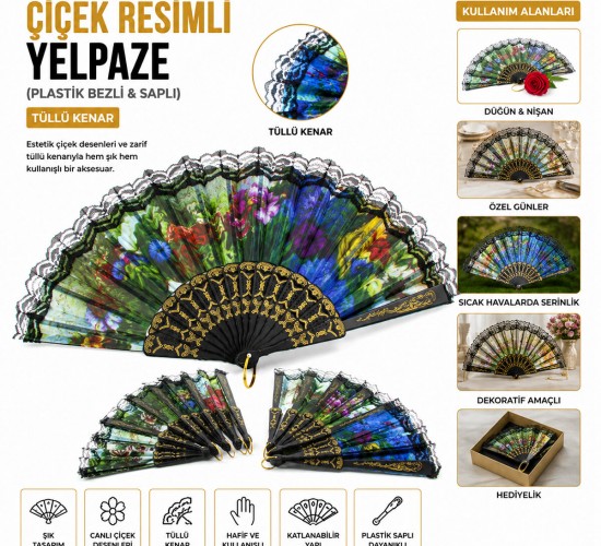 ENFA-965 ( ÇİÇEK RESİMLİ ) ( TÜLLÜ KENAR ) YELPAZE  ( PLASTİK BEZLİ & SAPLI )*12X50