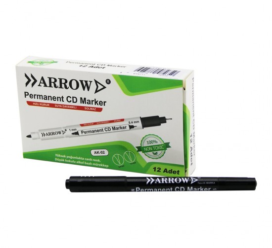 ARROW AK-02 ( SİYAH & 2 UÇLU ) ( PERMANENT=1MM ) + ( CD MARKER=0.4MM ) KALEMİ*12X120