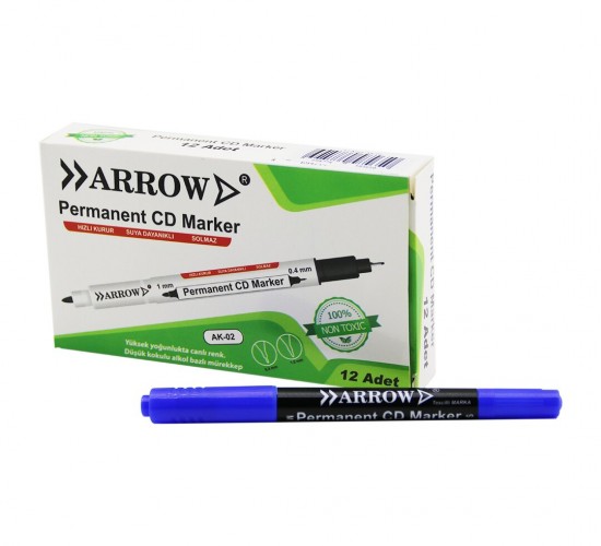 ARROW AK-02 ( MAVİ & 2 UÇLU ) ( PERMANENT=1MM ) + ( CD MARKER=0.4MM ) KALEMİ*12X120