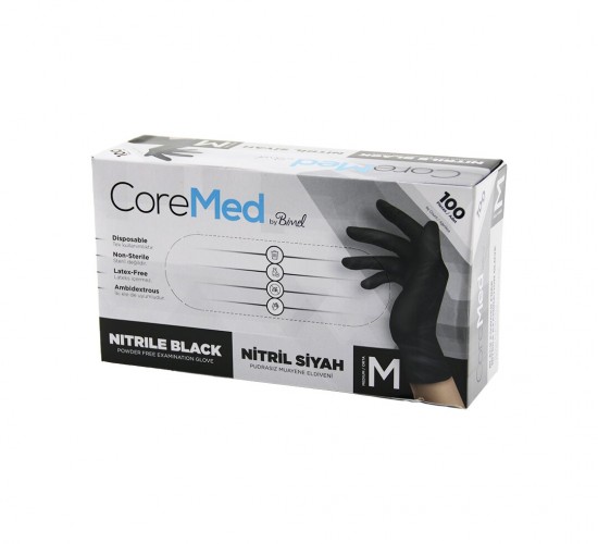 BY BİMEL COREMED ( M ) (SİYAH ) ( PUDRASIZ ) ( NİTRİL ) LATEX MUAYENE ELDİVENİ ( LATEKS ) ( 100LÜ ) (TEK KULLANIMLIKTIR) (STERİL DEĞİLDİR)*1X20