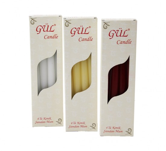 GÜL MUM CANDLE KOD-205 ( 4PCS ) ( KONİK ŞAMDAN & DÜZ ) MUM ( BEYAZ & RENKLİ ) ( 2X25CM )*55