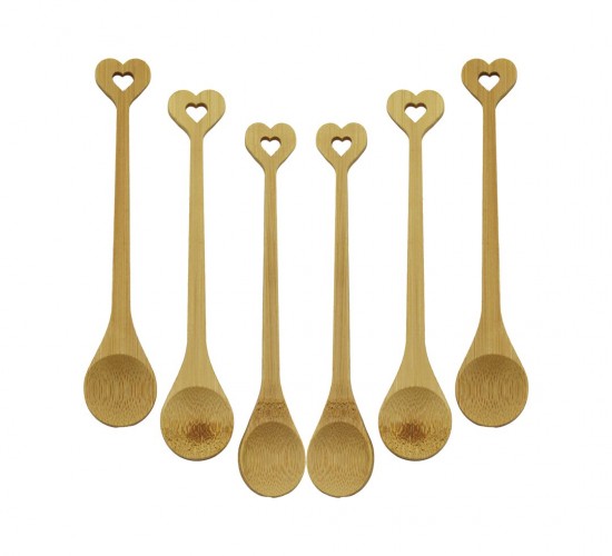 Ahşap Bambu Çay Kaşığı Seti, 6 Parça, Yuvarlak ve Kalp Figür Saplı