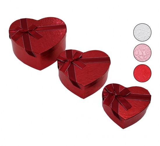 YAKUT-12521 ( 3PCS ) ( KALP ) (PARLAK RENKLİ & KABARTMA DESEN) KARTON HEDİYE KUTUSU (KURDELALI) ( 15-18-21CM )*36