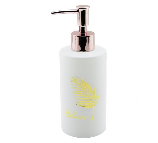 DMR HOME DMR-8161 ( CAM ) (YUVARLAK & BEYAZ ŞİŞE--GOLD YAPRAK DESEN) SIVI SABUNLUK (350ML) (BRONZ PLASTİK POMPA)*48