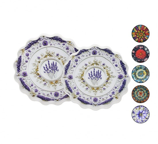 MENNUR HOME MNR-138 ( 2Lİ SET & YUVARLAK ) PAPATYA TEPSİ  (KULPLU & RENKLİ DESENLİ) (34.5CM & 39CM)*12=K