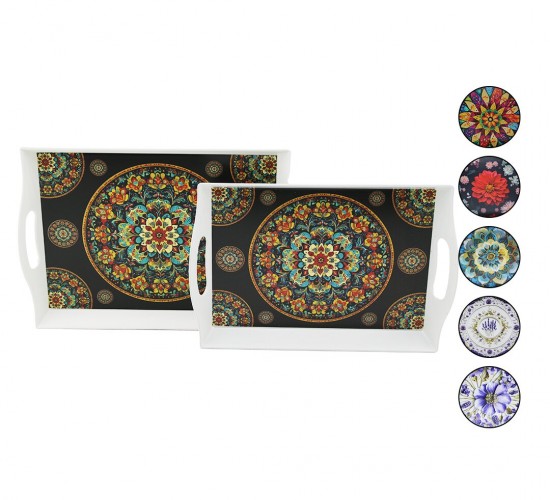 MENNUR HOME MNR-139 ( 2Lİ SET & DİKDÖRTGEN ) LOTUS TEPSİ (KULPLU RENKLİ DESENLİ) (22.2X30.4CM & 25.5X33.8CM)*12=K