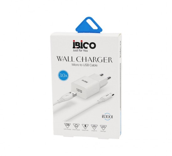İBİCO İB-3001 ( USB TO=( MİCRO ) (SET) (EV BAŞLIK+ KABLO=1MT) TELEFON ŞARJ ( HIZLI ) ( 3.0A ) ( 9V-12V )*5X20