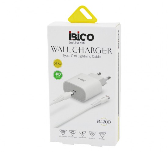 İBİCO İB-4200 ( TYPE-C TO=( İPHONE ) (SET) (EV BAŞLIK+ KABLO=1MT) TELEFON ŞARJ (HIZLI) (20W) (9V-12V-3.0A & 20W-1.5A)*5X20