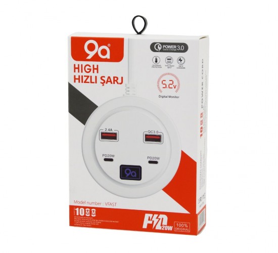 9A HIGH POWER 3.0 ( VFAST) KY-100 ( ÇOKLU= 4 LÜ ) ( HIZLI ) ŞARJ SETİ ( 2AD -PD20W=TYPE-C  & 2.1A + QC3.0= USB ) (2.4W)*160