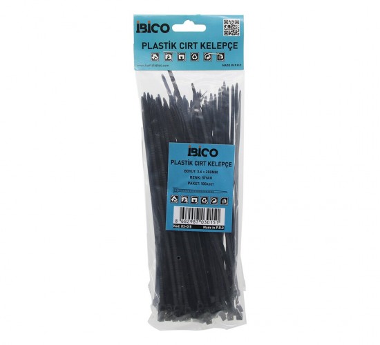 İBİCO İ13-015  ( SİYAH ) ( 3.6X200MM ) ( PLASTİK ) CIRT KELEPÇE ( KABLO BAĞI ) ( 100PCS )*10X30