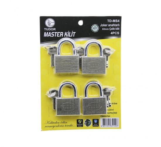 TUDOR TD-MS4 MASTER (4PCS) (JOKER ANAHTARLI=TEK ANAHTARLA 4 KİLİT AÇ ) (60MM & GRİ) (KISA KANCALI) ÇELİK ASMA KİLİT*20
