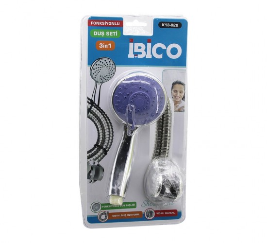 İBİCO K13-020 (VAKUMLU AMBALAJ) (3İN1) DUŞ SETİ ( FONKSİYONLU DUŞ BAŞLIK & METAL DUŞ HORTUM & MAFSAL=ASKI VİDALI )*36