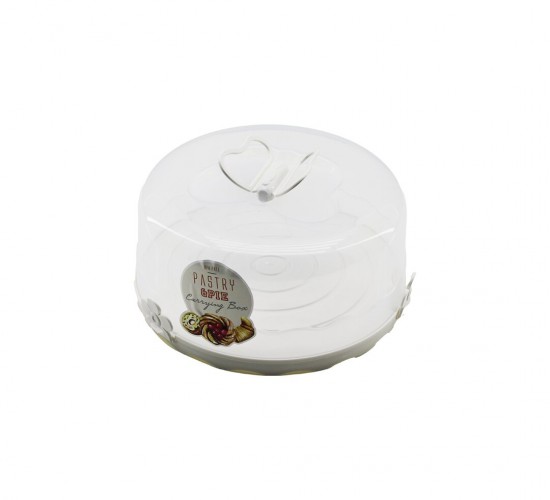 QLUX L-00501-3 (BEYAZ & EKRU TABAN) (YUVARLAK) KEK & PASTA FANUSU (ŞEFFAF PLASTİK KAPAK=KELEBEK ŞEKİL BASKI & KULPLU)*6=K