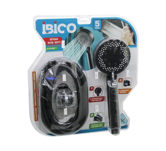 İBİCO K13-022 (VAKUMLU & SİYAH) LÜKS DUŞ SETİ  (DUŞ BAŞLIK=5 MOD=FONKSİYON) (ÖRGÜLÜ HORTUM=1.5MT) (MAFSAL=3 KADEME)*32