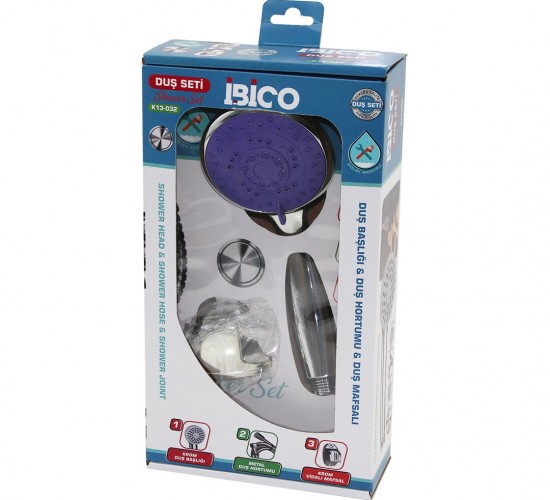 İBİCO K13-032 (KUTULU AMBALAJ) (3İN1) DUŞ SETİ ( FONKSİYONLU KROM DUŞ BAŞLIK & METAL DUŞ HORTUM & MAFSAL=ASKI VİDALI )*36