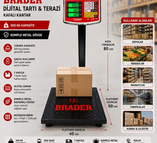 BRADER-21 ( 300KG) ( KAFALI KANTAR ) DİJİTAL TARTI &TERAZİ ( KOMPLE METAL) ( ŞARJLI ) ( 7 HAFIZA )*1=K