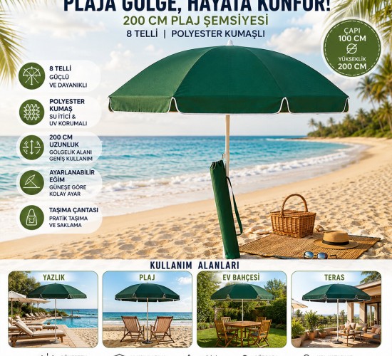 SKYBELT SKY-112 ( 200CM SAPLI ) ( ÇAP:100*100CM ) ( DÜZ - TEK RENK ) PLAJ ŞEMSİYESİ ( OMUZ ASKI ÇANTALI ) ( 8 TELLİ & FIBERGLASS ) ( POLYESTER KUMAŞ )*12=K