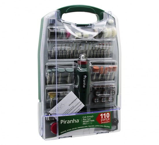 PİRANHA PRT-9112 (110PCS) (MİNİ TAŞLAMA & GRINDER) (ÇOK AMAÇLI) SET (ELEKTRİKLİ EL MOTORU) (DC 12V) ( 16000 RPM )(PARLATMA)*10