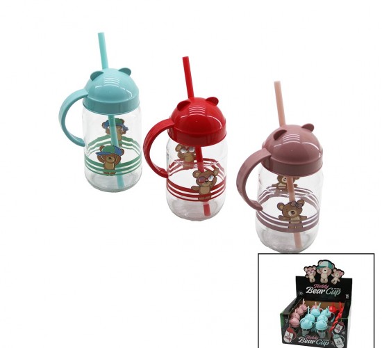 QLUX C-00374 TEDDY BEAR ( KULPLU ) ( PİPETLİ ) ( CAM ) BARDAK ( AYICIK RESİMLİ & FİGÜRLÜ ) (RENKLİ PLASTİK KAPAK) ( 370CC )*20=K