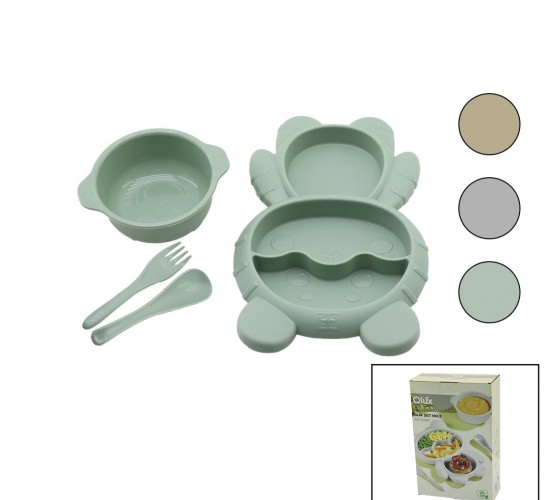 QLUX BSF-00982 BLW SET NO-3 (4PCS) (AYICIK MODEL=3 BÖLME+KASE+KAŞIK+ÇATAL) BEBEK BESLENME SET (500ML+400ML)(RENKLİ PLS)*12=K