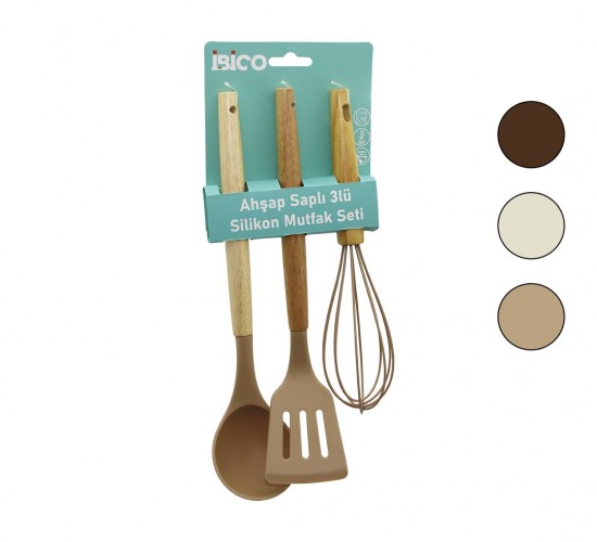 İBİCO İ22-008 ( 3PCS ) ( RENKLİ SİLİKON ) MUTFAK SETİ ( AHŞAP & BAMBU SAPLI ) ( ÇIRPICI  & KEPÇE  & SPATULA ) ( 25-30CM )*12X6