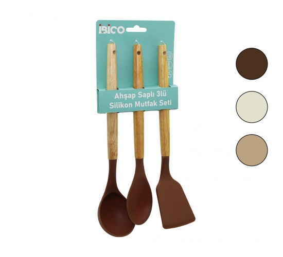 İBİCO İ22-009 ( 3PCS ) ( RENKLİ SİLİKON ) ( AHŞAP & BAMBU SAPLI ) MUTFAK SETİ ( KEPÇE & KAŞIK & SPATULA ) ( 30CM )*12X6