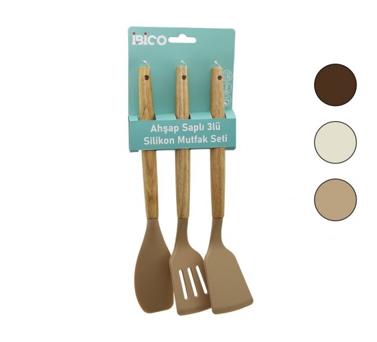 İBİCO İ22-010 ( 3PCS ) ( RENKLİ SİLİKON ) ( SPATULA ) MUTFAK SETİ ( AHŞAP & BAMBU SAPLI ) ( KLASİK & YAN & DELİKLİ SPATULA) (30CM)*12X6