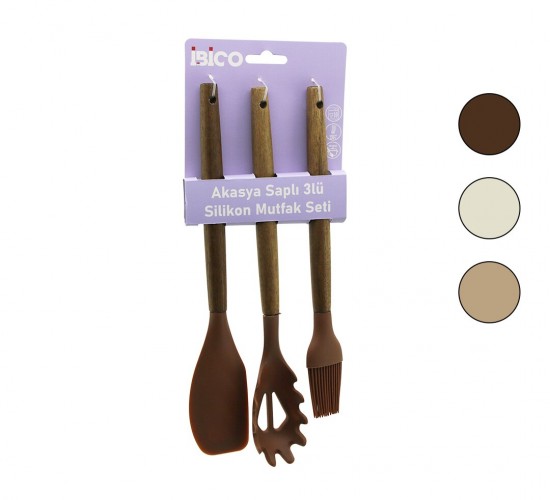 İBİCO İ22-011 ( 3PCS ) ( RENKLİ SİLİKON ) ( AHŞAP AKASYA SAPLI ) MUTFAK SETİ (YUMURTA FIRÇASI & MAKARNA KAŞIK & SPATULA) (27-30CM)*12X6
