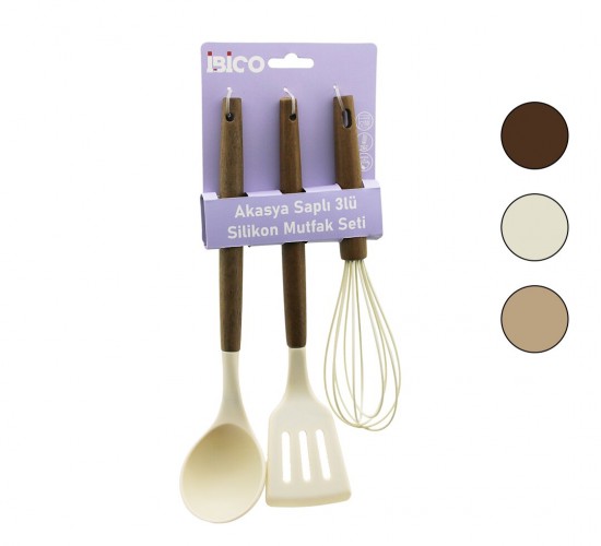 İBİCO İ22-012 ( 3PCS ) ( RENKLİ SİLİKON ) MUTFAK SETİ ( ÇIRPICI  & KEPÇE & SPATULA ) ( AHŞAP & AKASYA SAPLI )*12X6