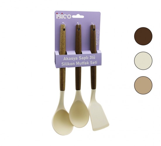İBİCO İ22-013 ( 3PCS ) ( RENKLİ SİLİKON ) ( AHŞAP AKASYA SAPLI ) MUTFAK SETİ ( KEPÇE & KAŞIK & SPATULA ) ( 30CM )*12X6
