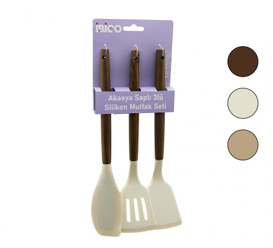 İBİCO İ22-014 ( 3PCS ) ( RENKLİ SİLİKON ) ( SPATULA ) MUTFAK SETİ ( AHŞAP AKASYA SAPLI ) ( KLASİK & YAN & DELİKLİ SPATULA) (30CM)*12X6