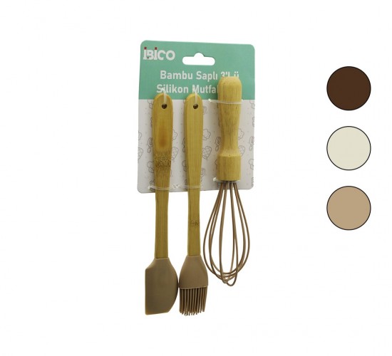 İBİCO İ22-026 ( 3PCS & MİNİ ) SİLİKON MUTFAK SETİ ( AHŞAP & BAMBU SAPLI ) ( ÇIRPICI & YUMURTA FIRÇASI & SPATULA )*12X6