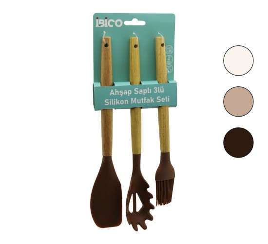 İBİCO İ22-007 (3PCS) (RENKLİ SİLİKON) (AHŞAP SAPLI) MUTFAK SETİ (Y.FIRÇASI & MAKARNA-SALATA KAŞIK & SPATULA)(27-30-31CM)*12X6